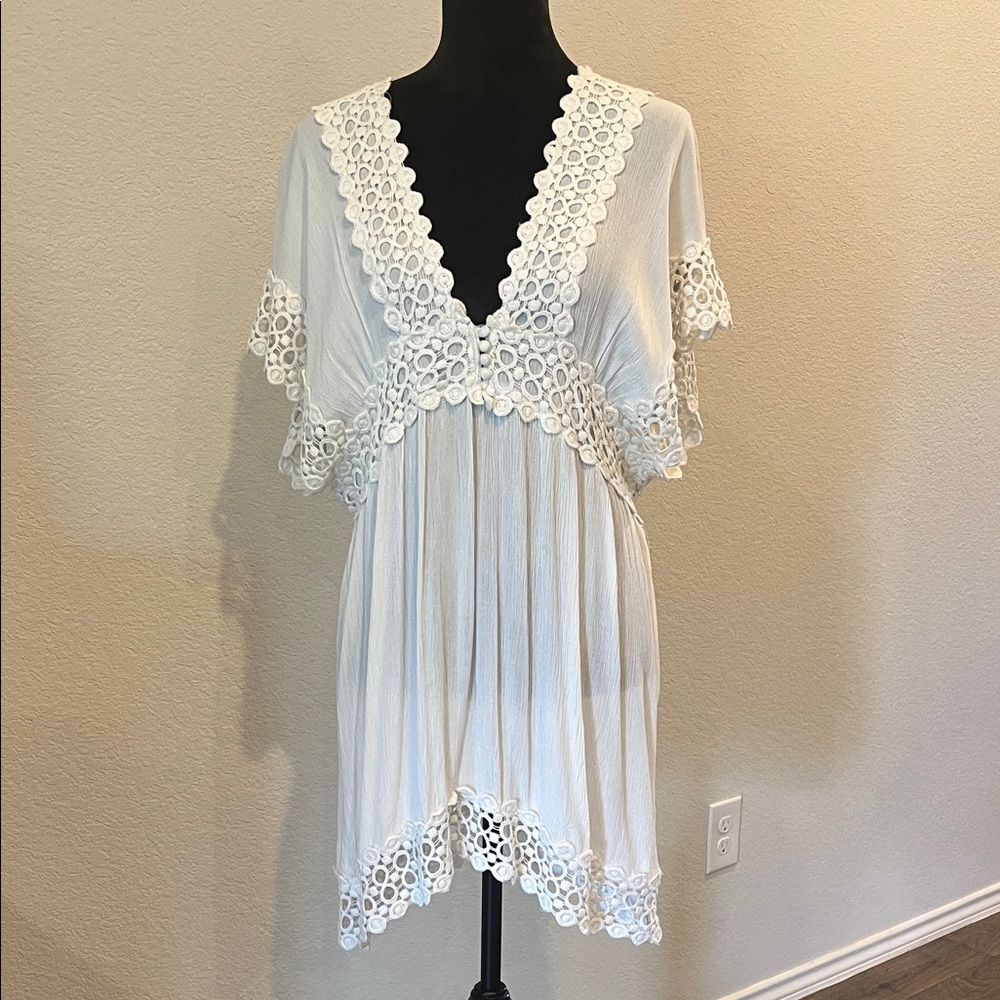 Blue Island White Lace Trim Swim Coverup